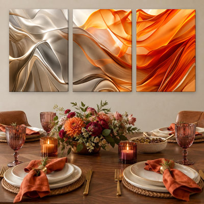 Ensemble exclusif de 3 toiles abstraites grand format, aux tons ivoire, cuivre et orange, représentant des motifs fluides. Décoration murale luxueuse et moderne pour le salon, la chambre, le bureau et la maison.