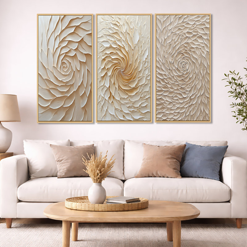 Beige radiant tourbillon tourbillon - abstrait botanique encadré 3 panneaux, 40" H x 60" W, Natural Wood Floater Framed
