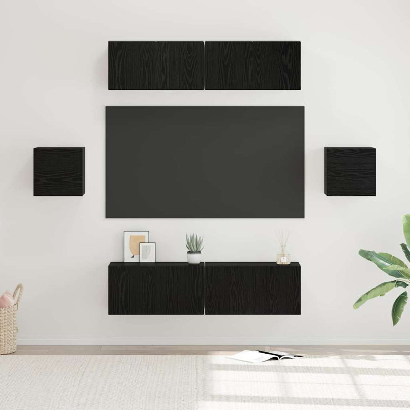 TV Cabinet Set Wall-Mounted 6 Pcs Engineered Wood, Black Oak, 30cm H x 60cm L x 28.5cm W