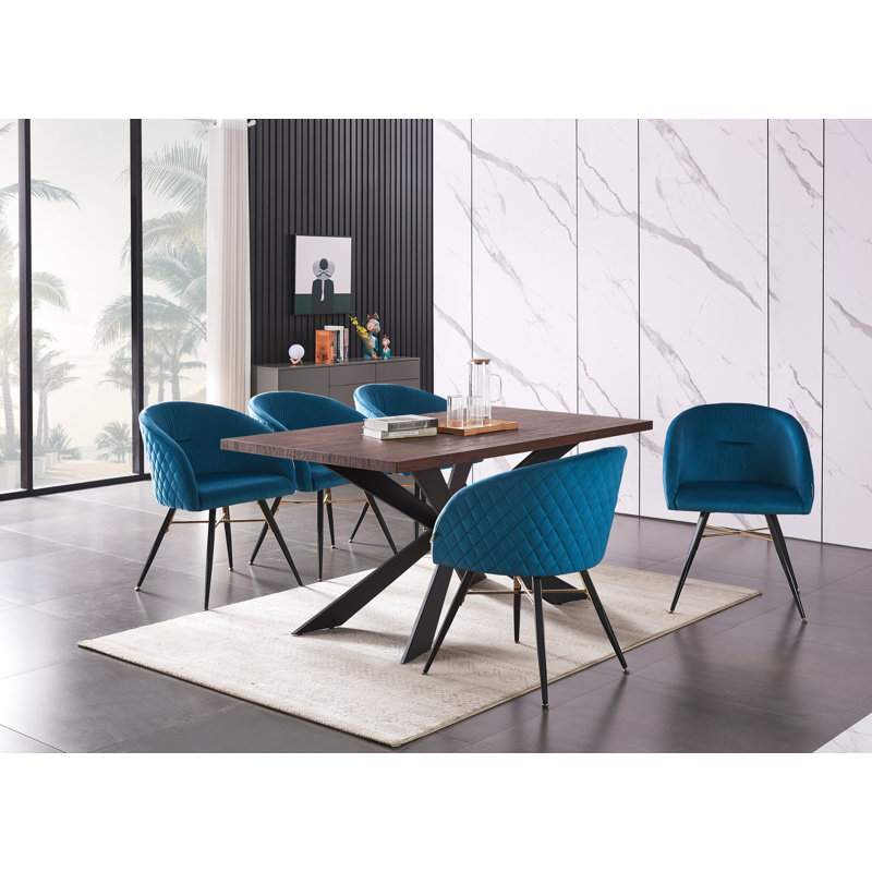 Goddard 4 Person Dining set - a Rectangular Wooden Dining Table with Metal Legs and a Set of 4 Quilted Velvet Dining Chairs for Dining Room - Modern Dining Table Set