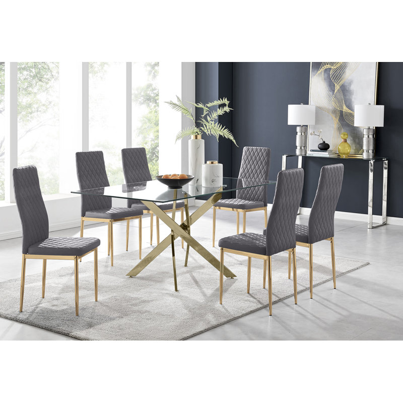 Lenworth Glass Rectangular Dining Table Set with 6 Quilted Velvet Dining Chairs, Gold, Grey