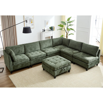 7-Piece Chenille Sleeper Sectional Corner Couch Modular Sofa Bed with Storage Ottoman