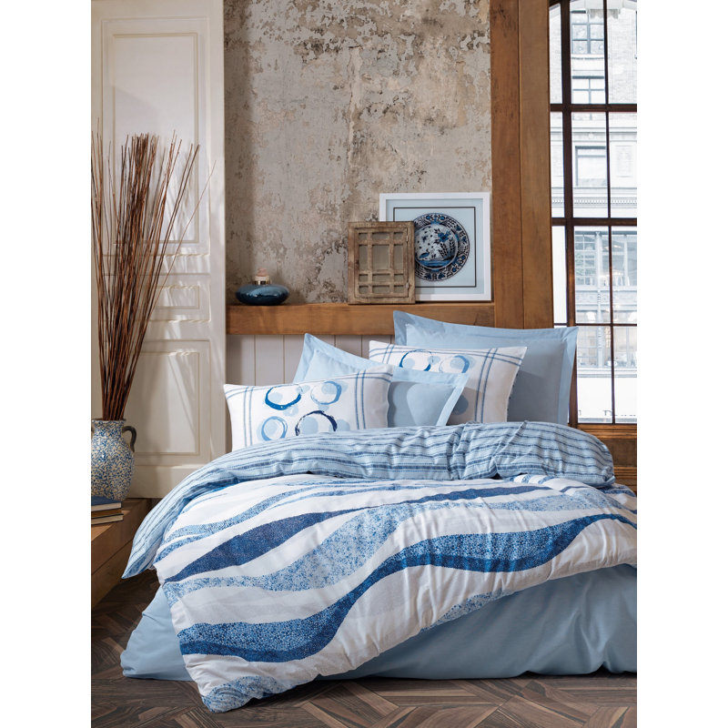 Ensemble de housse de couette 100% coton bleu / blanc, Housse de couette très grand + 2 taies d'oreiller
