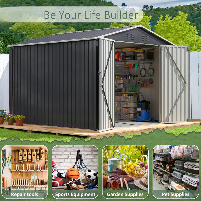 8 ft. W x 8 ft. D Outdoor Metal Shed Storage with Floor, Updated Frame Structure and Lockable Doors(64 sq. ft)