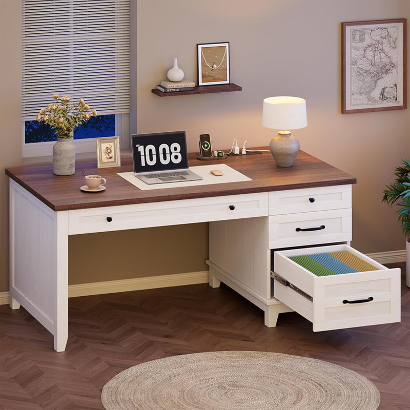 Bureau d'ordinateur 53 pouces en bois avec tiroirs, station de charge et classeur de style campagnard, Brun / Blanc
