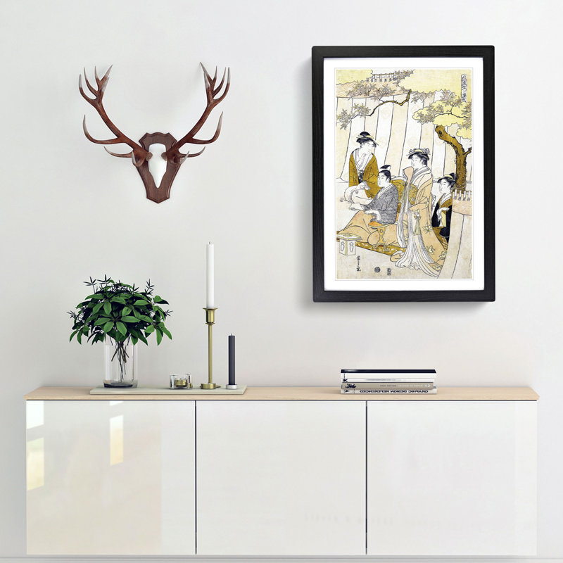 Prince Genji and Three Young Women by Chobunsai Eishi - Picture Frame Painting Print, 65cm H x 48cm W x 2cm D, Black Framed