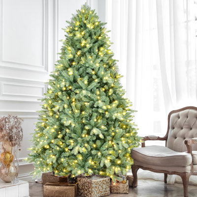 Arbre de Noël de 5 pi avec 300 lumières à DEL blanc chaud, abat-jour bleu, pointes Pe + 1194, assemblage à charnières pour une installation facile, support en métal, assemblage unique de structure ornée de fêtes, décor festif
