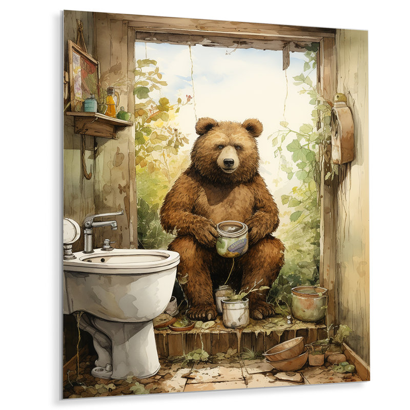 Bears Bathroom Break 1 - Toilette, art mural en métal, H 40 po x l 30 po x P 1,5 po