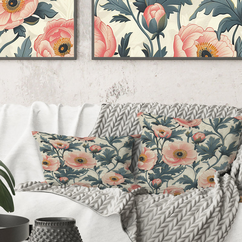 Carnation Pink Meadows - Transitional Lumbar Pillow