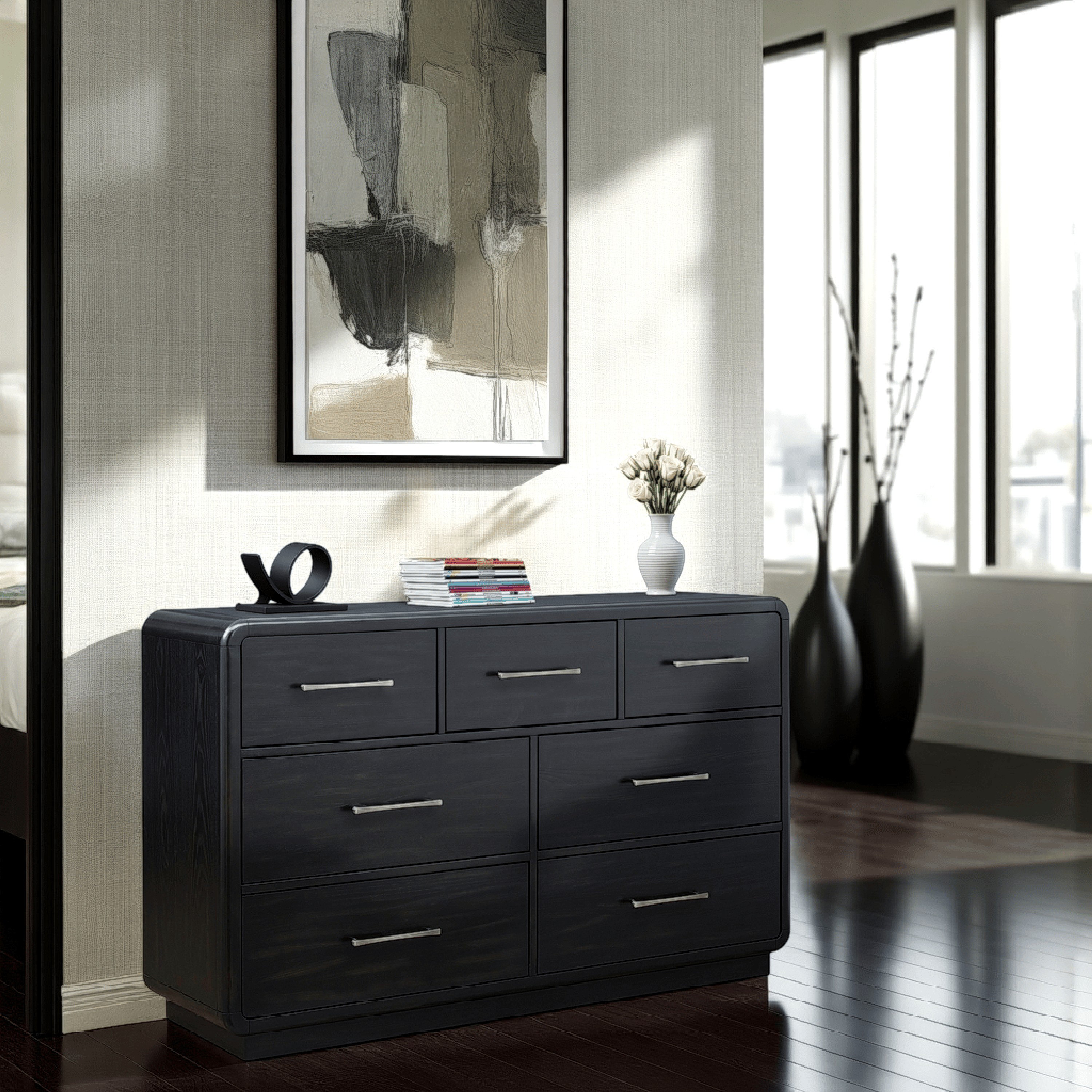 black dresser with silver handles Ashley Rowanbeck Dresser and Mirror in Black main image 1