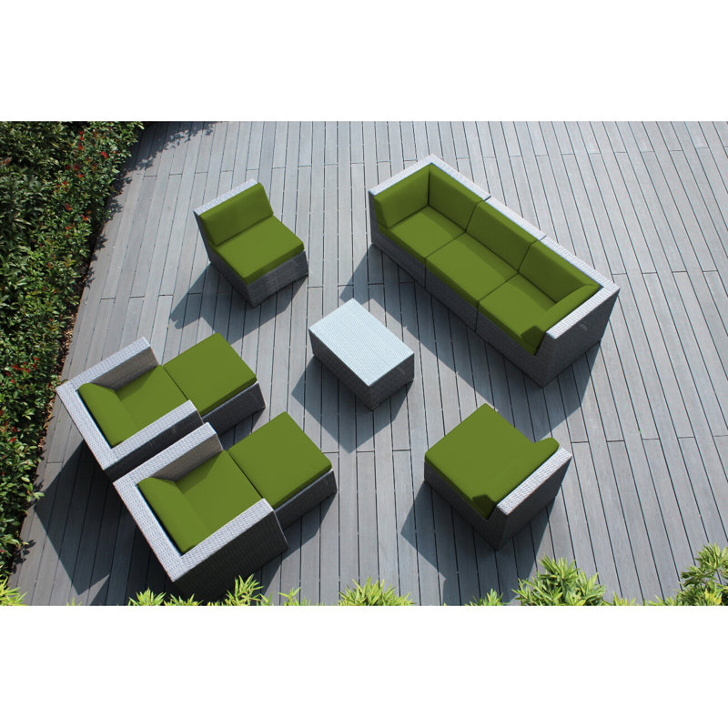 Ensemble de conversation en osier pour 7 personnes avec coussins Kiara, Sunbrella Ara, gris