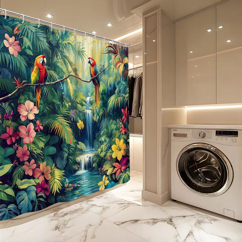 Ensemble de rideau de douche à motif de perroquet tropical avec crochets