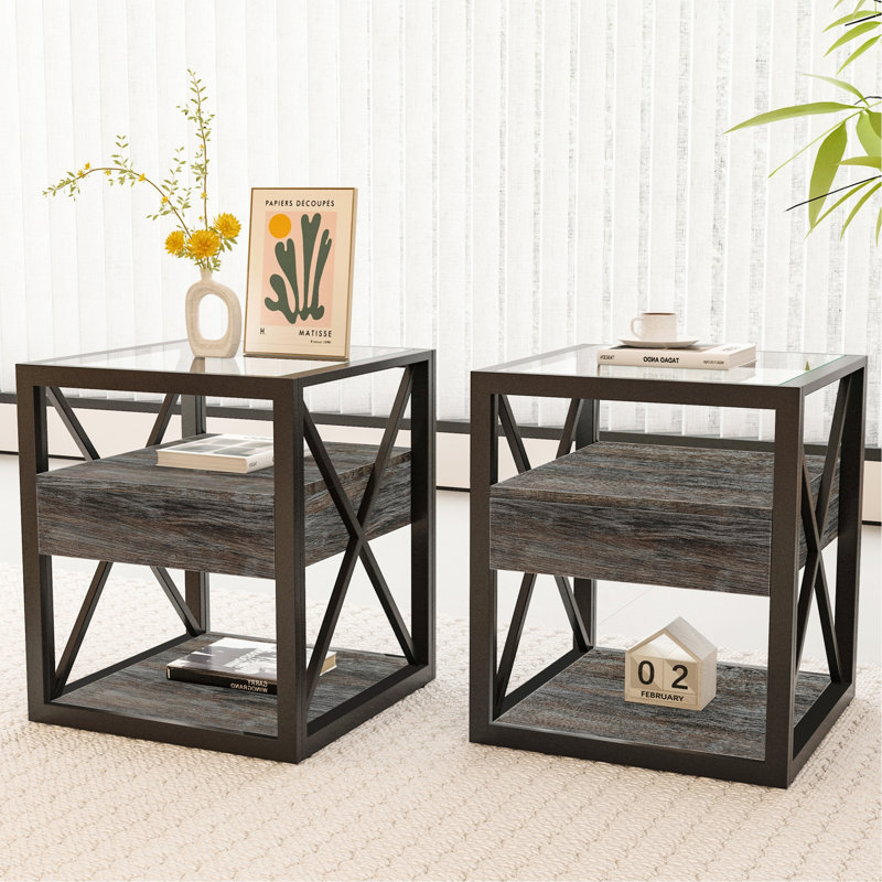 Ensemble de 2 tables de chevet avec tiroir pour la chambre à coucher, table de bout avec plateau en verre trempé pour le salon