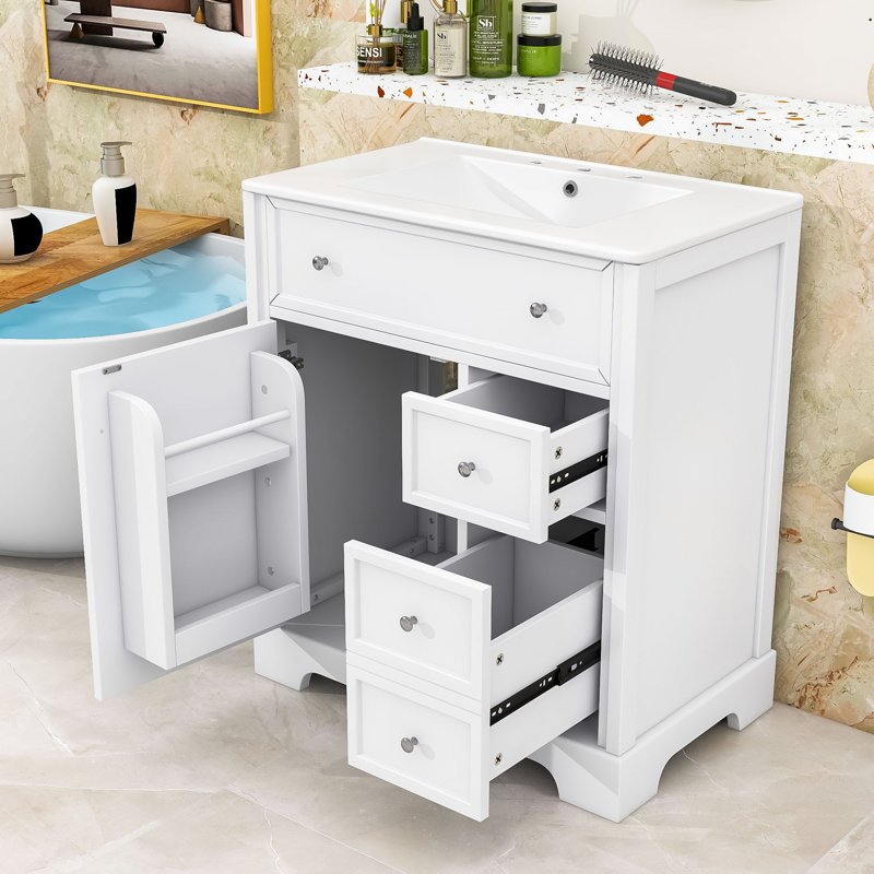 Meuble-lavabo moderne de 30 pouces avec lavabo en céramique et beaucoup de rangement, Blanc