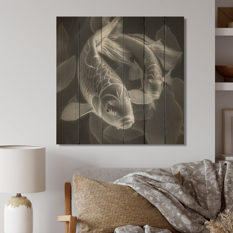 Poisson Koi monochrome - impression sur bois, L 30 po x H 30 po x P 1 po