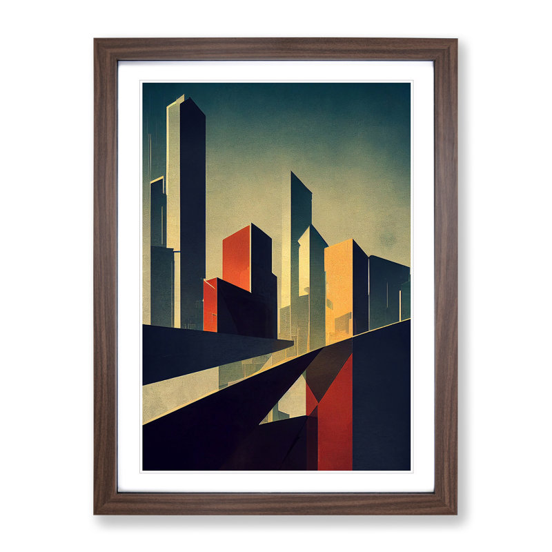 Angular City Skyline - Single Picture Frame Print, Walnut, 46cm H x 34cm W x 2cm D