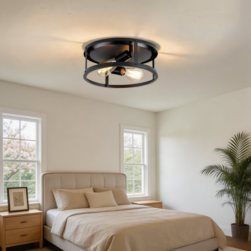 Industrial Matte Black Metal 2-light Flush Mount Ceiling Light