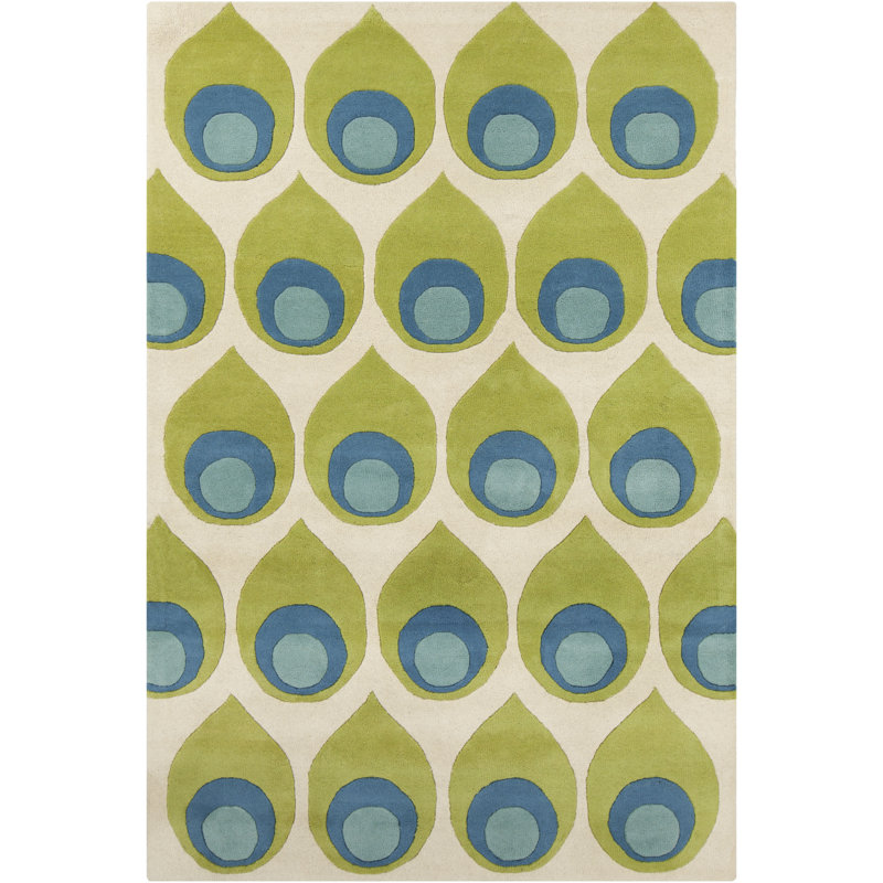 Tapis vert en laine à motif de plumes de paon abstraites touffeté à la main Ailey, Rectangle 5 pi x 7 pi 6 po
