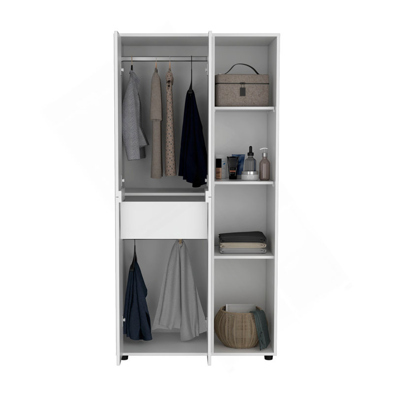 Armoire-penderie Misuri avec porte double, tiroir, tringle et tablettes ouvertes, Blanc