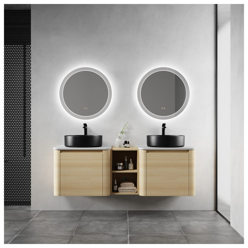 60" Wall-Mounted Bathroom Vanity with American White Oak Finish and Ceramic Sink