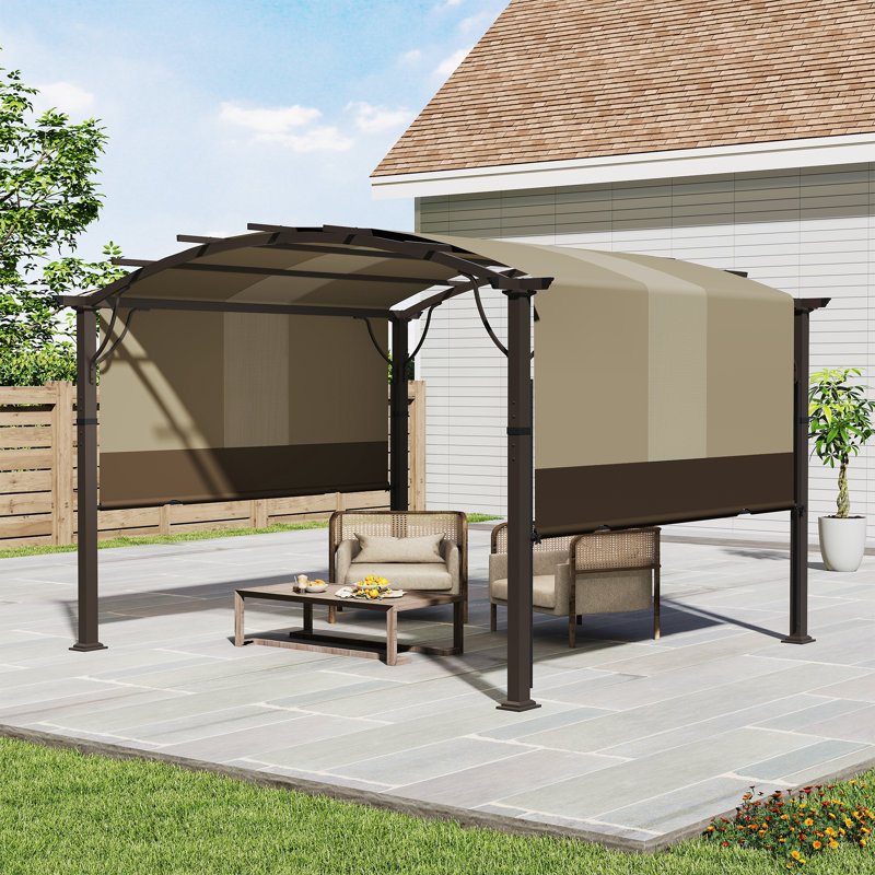 Pergola en aluminium avec auvent, Auvent brun / cadre brun, H 89,80 po x l 118,10 po x P 118,10 po