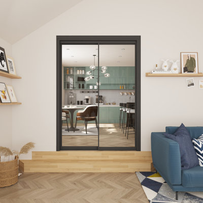 48" x 80“H 2 Panels Closet Door Aluminum Frame Tempered Clear Glass Sliding Closet Door With Hardware Kit  