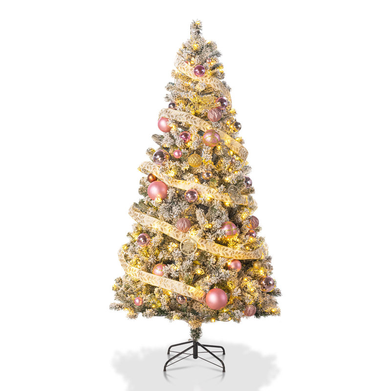  4.5FT Prelit Green Flocked Artificial Christmas Tree with 100 Warm White Lights, Xmas Tree with 400 Feel-Real Branch Tips, Flame-Retardant PVC, Foldable Base for Home, Party Decoration