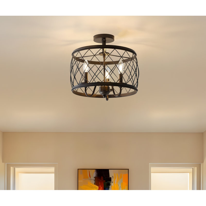 Neslisah 15.7-Inch Wine Barrel Metal Mesh Flush Mount, Oil Bronzed