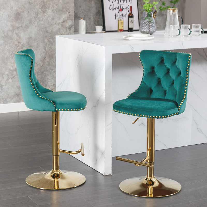 Stormstown Upholstered Adjustable Height Counter Stool, Gold, Green
