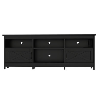 Meuble télé Farmhouse pour téléviseur de 80 po ou moins avec lumières DEL, armoires de rangement, tablettes ouvertes et tablette réglable