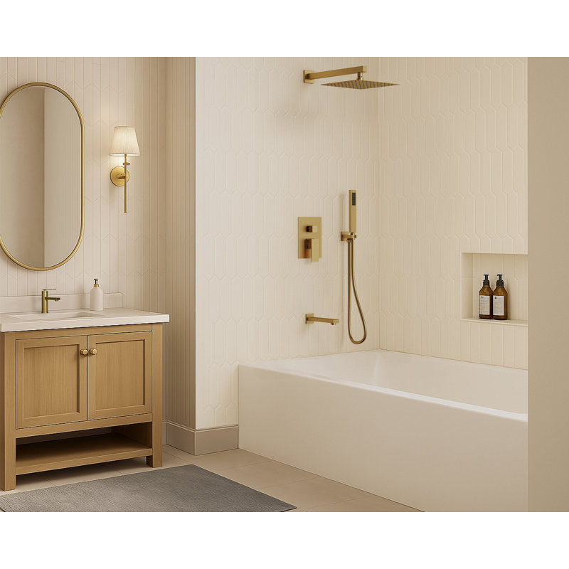 Wall Mount 10" High-Pressure Rainfall Shower System, Tub Shower Faucet Set with Rough-in Valve, Brushed Gold