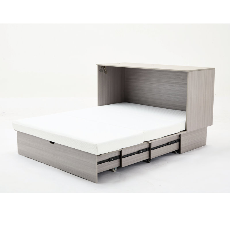 Armoire-lit convertible, gris, avec espace de rangement, matelas et rangement pratique gris, bouchon en mousse souple