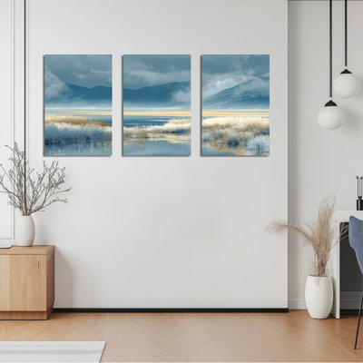 Ensemble de 3 tableaux sur toile représentant des paysages océaniques et montagneux, parfaits pour la décoration du salon.