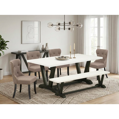 L'ensemble de table de cuisine 6 pièces contient une table de salle à manger rectangulaire avec pieds en V et 4 chaises Parson en tissu de lin avec banc, 40 x 72 pouces, multicolore
