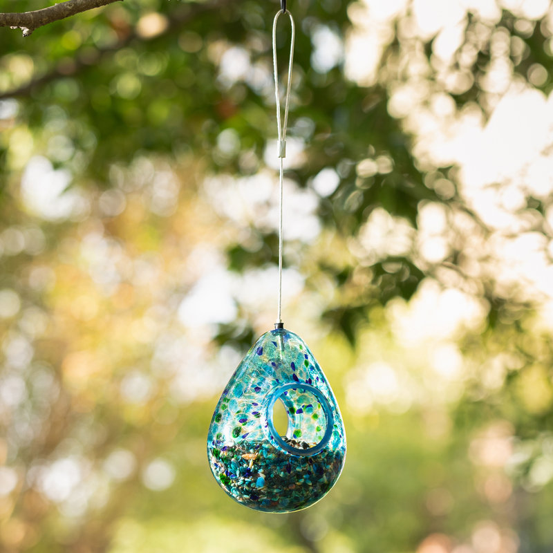 6.75" Blue and Green Glass Teardrop Hanging Bird Feeder