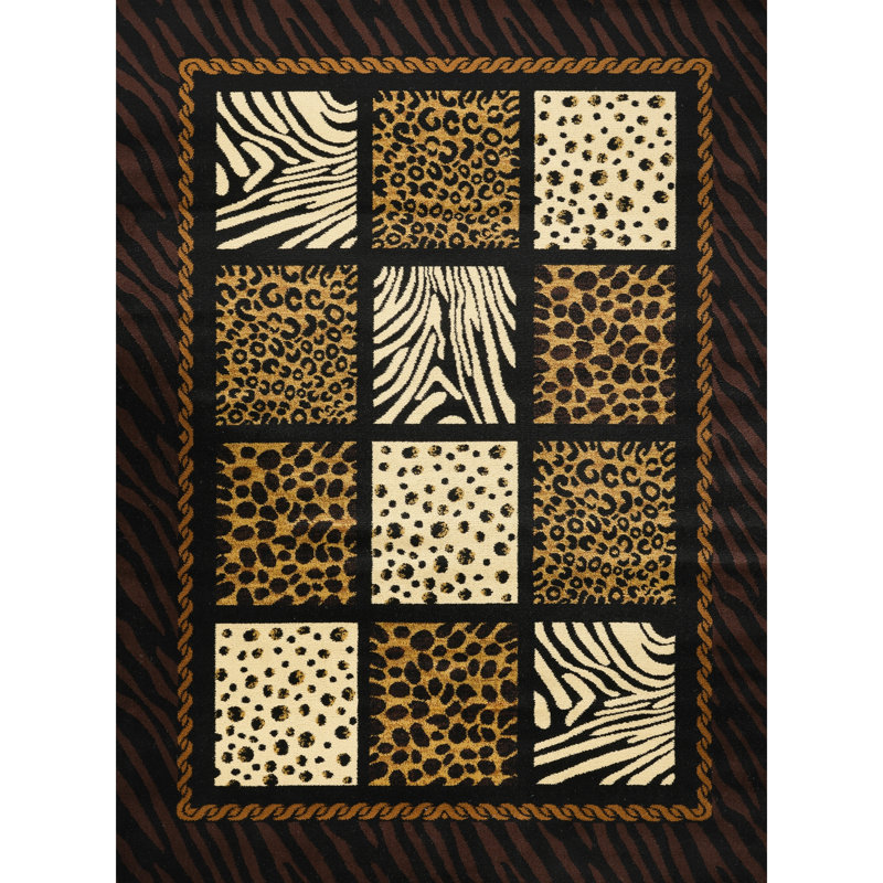 2 Ft. X 3 Black Multi Animal Print Rug Featuring Zebra And Tiger Motifs, Machine-Made, Mountain Lodge Rustic Style, Stain , For Home, 100% Polypropylene Rectangle Area In With Patterns, Wild