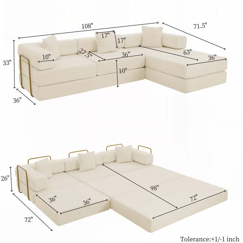 Canapé modulaire Corduroy à assise profonde de 108 po, aucun assemblage requis, Beige