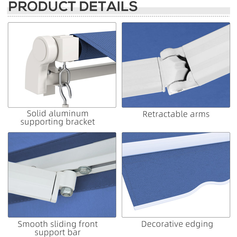 Auvent rétractable bleu foncé 12 pi x 10 pi, tissu 280G / M et eau, manivelle manuelle, cadre en aluminium pour différentes surfaces dans la cour, auvent de terrasse pour balcon, terrasse, patio