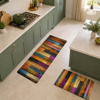 2 Piece Abstract Kitchen Mat Set with Cushioned Anti Fatigue Design