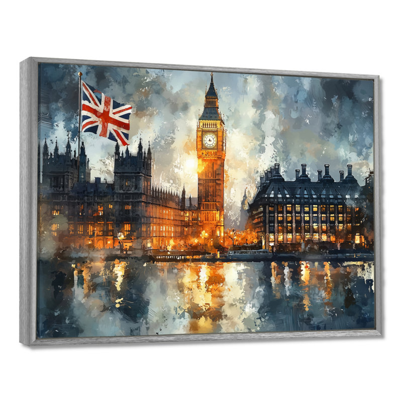 London Big Ben Landscape Glow II - London, art mural, H 12 po x l 20 po, Impression encadrée flottante, Argent argent