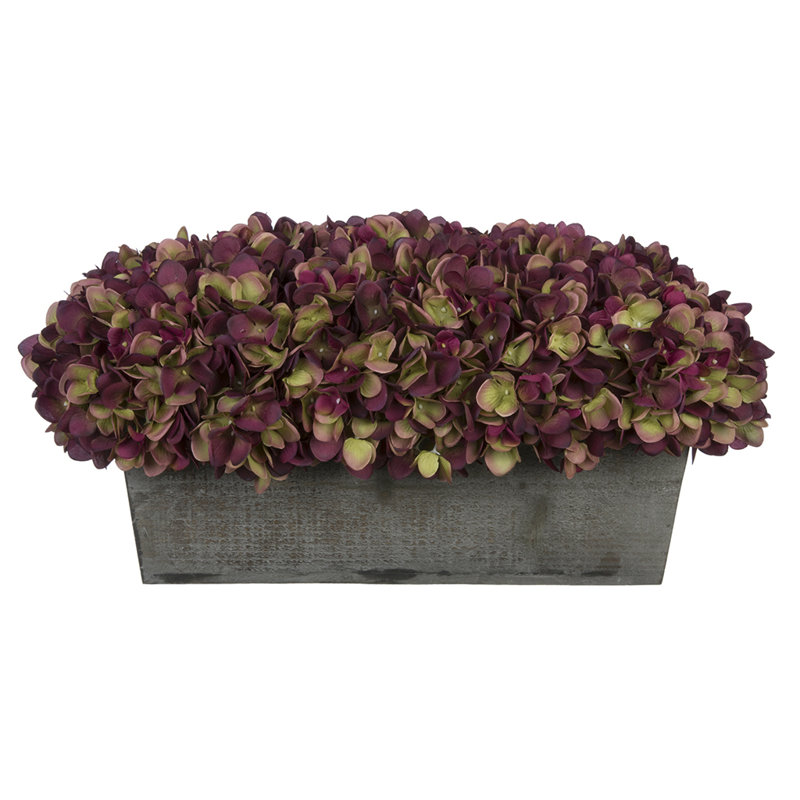 Rustic Plum Sage Hydrangeas in White-Washed Wood Ledge Centerpiece