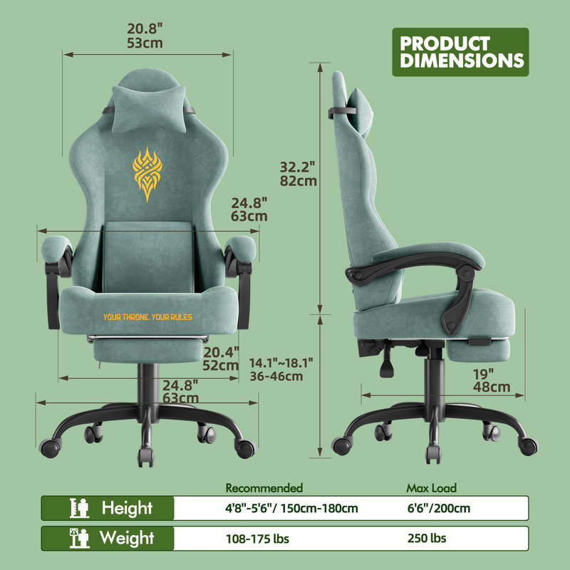 Soontrans Velvet Fabric Gaming Chair with Footrest High Back Ergonomic Gamer Chair with Headrest and Massage Lumbar Cushion Reclining Computer Office Game Chair for Adults, Green