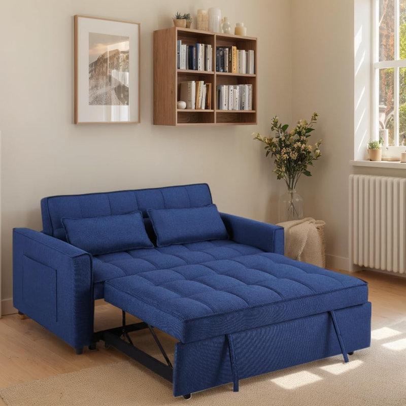 Omorfo 53.2'' Upholstered Convertible Sleeper Sofa, Navy Polyester Linen