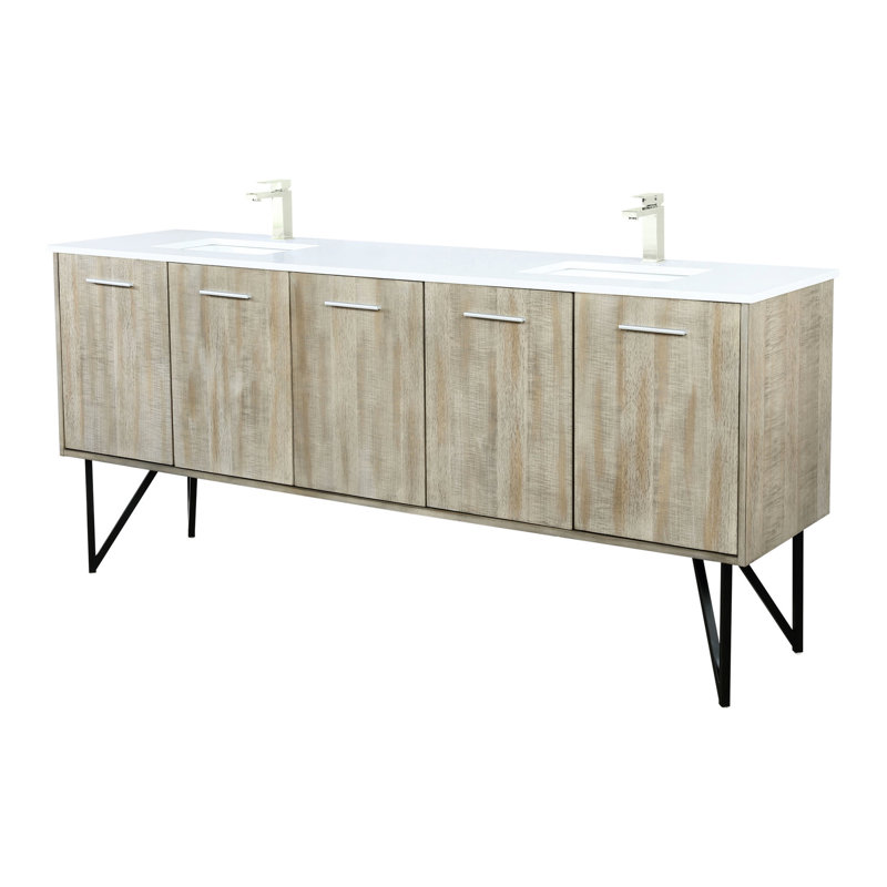 Meuble-lavabo double 80 po x 20 po avec dessus en marbre et robinet de style rustique - Portes et tiroirs à fermeture en douceur pour rangement Étagère ouverte à deux armoires en nickel brossé pratique