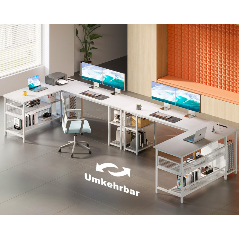 Amarpreet L-Shaped Writing Desk with Power Outlet, White