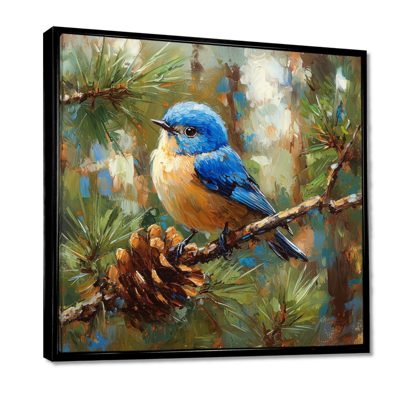 «Cheery Bluebird In The Pines II», art mural oiseau, Impression encadrée flottante, H 30 po x l 30 po, Noir