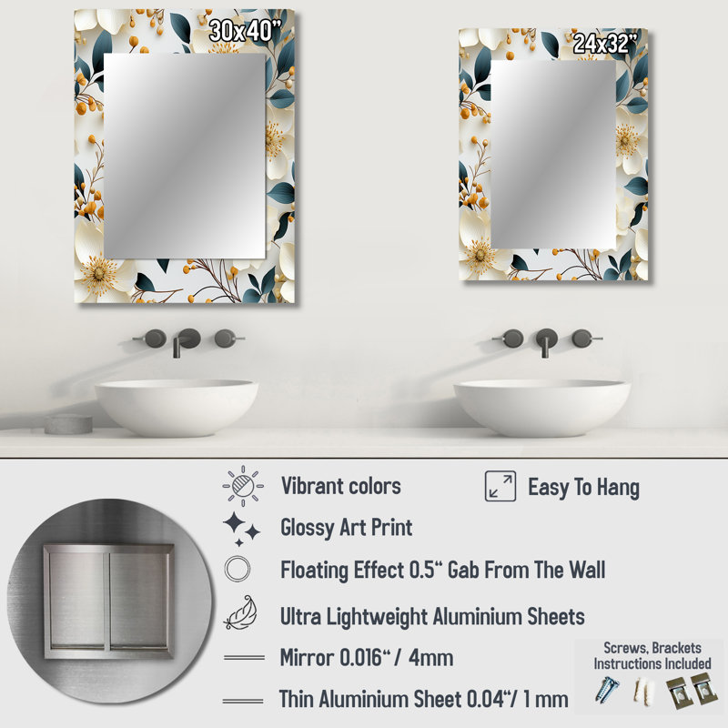 Donahu, coquelicots blancs, élégance florale minimaliste - miroir floral, miroir mural décoratif de campagne, impression d'art en métal