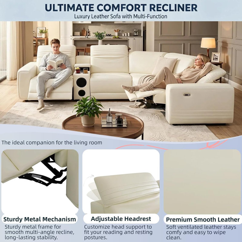 Canapé modulaire inclinable électrique en cuir 6 pièces de luxe avec appuis-tête réglables, console de rangement, haut-parleurs Bluetooth et éclairage DEL