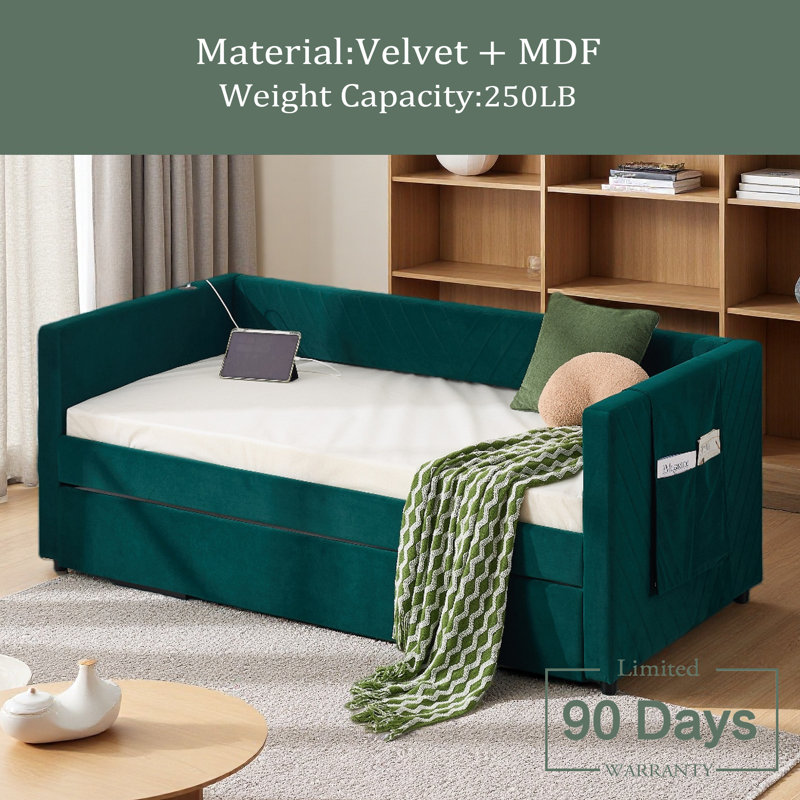 Twin Size Upholstered Daybed With Trundle,USB Port ,Side Pockets, Modern V-Grained Backrest Design,No Box Spring Needed, For Bedroom, Guest Room