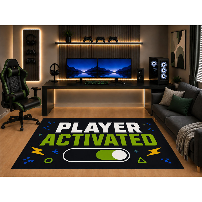 Tapis de jeu ultra-léger 152 x 213 cm (5' x 7') avec motif typographique inspiré des jeux Switch, idéal pour une chambre d'ado, une salle de jeux ou une salle de loisirs. Dos en silicone antidérapant. Poils courts.
